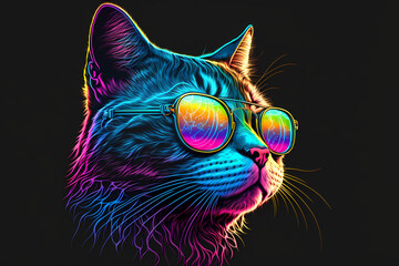 colorful Synthwave style cute cat with sunglasses, dark black background, Portrait, digital illustration ai art style