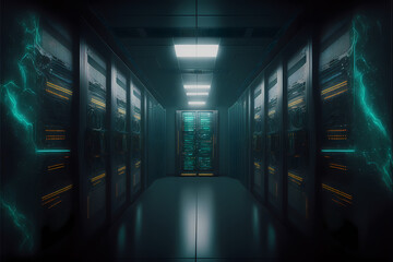futuristic dark hacker servers data center room with computers and storage systems, glowing elements, illustration digital generative ai design art style