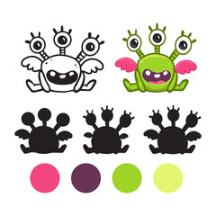 Cute cartoon monster. Coloring page for kids.Find a shadow.Funny character on white background.Vector illustration