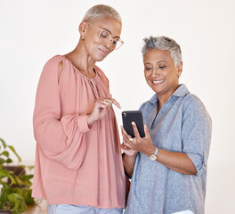 Senior women, friends or smartphone for social media, connectivity or communication. Elderly...