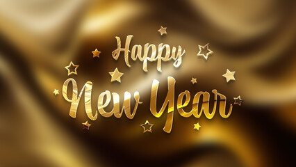 Happy New Year greetings with golden effect. Shiny celebration text on gold for background, graphic design, banner, illustration. 3D rendering © sdecoret