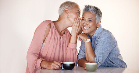 Senior women, bonding or whispering secrets in coffee shop, restaurant or cafe and funny gossip, news or story. Smile, happy or retirement elderly friends whisper in ear or sharing in rumor spread