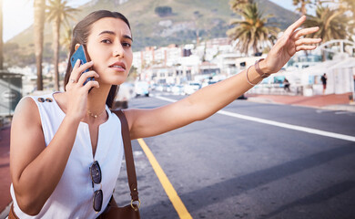 Phone call, taxi or woman on a road in a city for traveling in Miami, Florida on a summer holiday vacation. Stop, bus or girl tourist waiting for a cab car outdoors on city street for an appointment