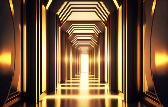 3d Abstract Golden Metal Mural Wallpaper. Illustration Background Tunnel. Empty Light Hall Background	