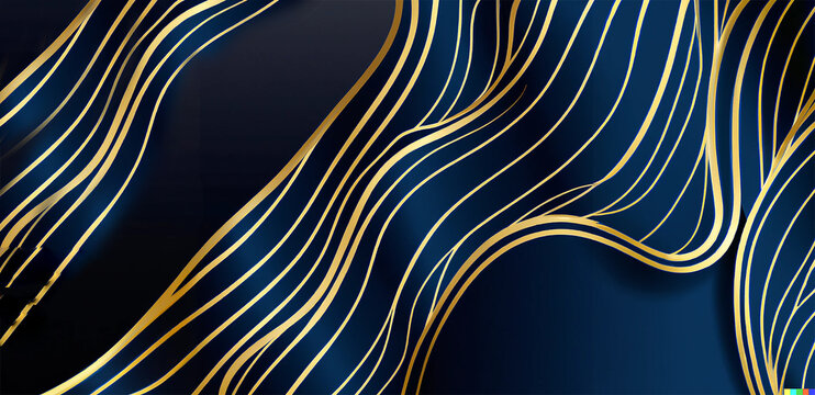 illustrazione di  sfondo di  linea d'onda astratta oro su sfondo blu navy. Design di carta da parati di lusso per stampe, arti murali, pacchetti,  creato con intelligenza artificiale, AI
