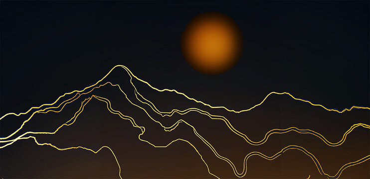 illustrazione di Sfondo artistico di linee  di montagna, carta da parati in oro di lusso per copertina, sfondo dell'invito, design , ccon debole sole    creato con intelligenza artificiale, AI