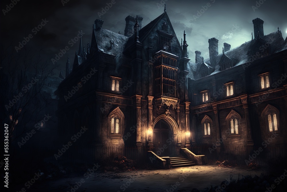 Poster an image of a haunted castle's old hall where specters slink in the shadows. generative ai