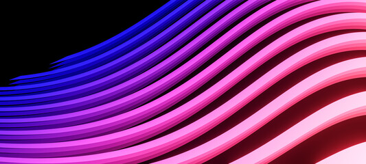 Neon pink blue abstract flowing bands, virtual background, digital technology, science or data concept, futuristic retro wave visualization 3D render illustration