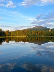 Trees reflection on the lake water surface, peaceful lake landscape with forest and hill background