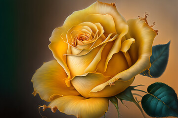 Beautiful yellow rose in realistic painting art style, close up view
