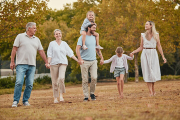 Naklejka na ściany i meble Happy family, holding hands or walking with children in park for summer holiday, vacation break or bonding activity. Smile, happy kids or mother, father or senior retirement elderly in nature garden