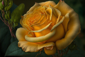 Beautiful yellow rose in realistic painting art style, close up view