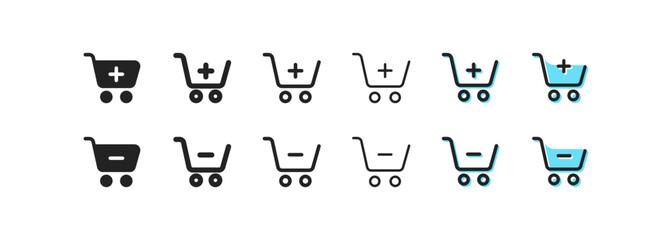 Shopping carts with website buttons set icon. Plus, minus, add, remove, new order, delete, online store, buy, purchase. Sale concept. Vector black line icon on white background