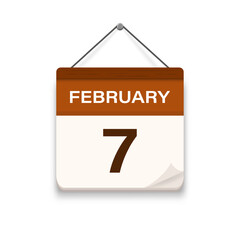 February 7, Calendar icon with shadow. Day, month. Meeting appointment time. Event schedule date. Flat vector illustration. 