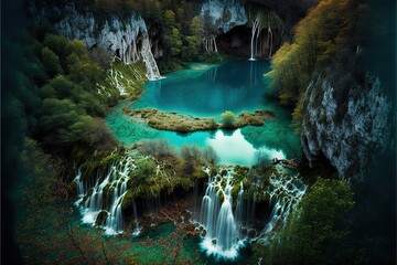 Plitvice Lakes National Park, Croatia, Balkan Peninsula, Europe. Generative AI - obrazy, fototapety, plakaty