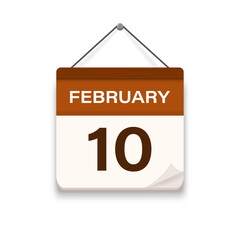 February 10, Calendar icon with shadow. Day, month. Meeting appointment time. Event schedule date. Flat vector illustration. 