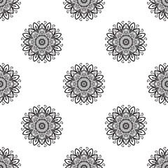 Mandala art Black and white Seamless Pattern. Monochrome retro background inspired by traditional art