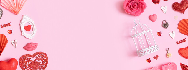 Banner with pattern from different hearts and valentines day symbols elements top view. Creative...