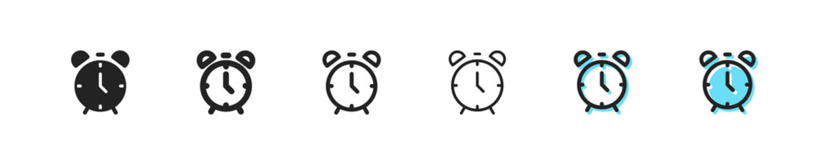 Clocks set icon. Punctuality, signboard, schedule, hourglass, alarm clock, timer, stopwatch, 24, planning, appointment. Time management concept. Six vector line icon in different styles
