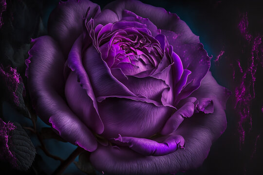 Beautiful violet rose in realistic painting art style, close up view