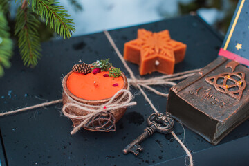 Altar for modern witch. magic candles, wizarding illustration, energy and wicca concept	