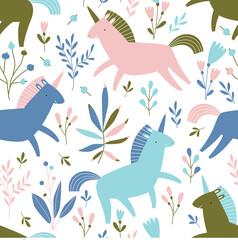 Seamless background with cartoon unicorns. Unicorns in the garden. Floral pattern. Pattern for children. Fabric, paper, wallpaper for children.