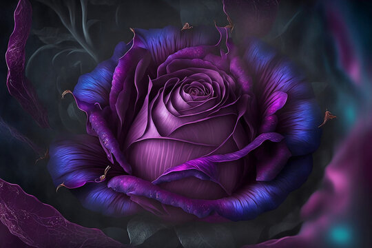 Beautiful violet rose in realistic painting art style, close up view