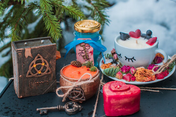 Altar for modern witch. magic candles, wizarding illustration, energy and wicca concept	