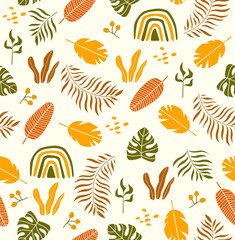 Fototapeta na wymiar Bright botanical tropical pattern. Seamless background with exotic plants. Summer pattern. Lots of tropical foliage. fabric, paper, wallpaper 