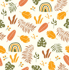 Fototapeta na wymiar Bright botanical tropical pattern. Vector seamless background with exotic plants. Summer pattern. Lots of tropical foliage. fabric, paper, wallpaper 