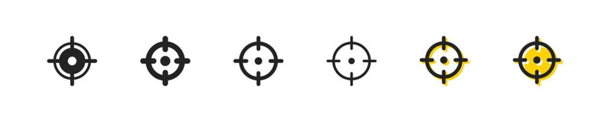 Sight set icon. Aim, cursor, target audience, data analysis, targeting, goal, targetologist, achieve, achievement, planning. Business concept. Six vector line icon in different styles