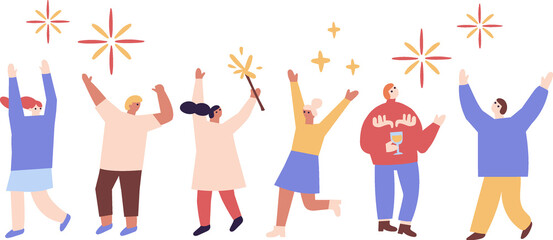 People celebrate winter Holidays flat illustration. Happy New Year, Christmas. 
