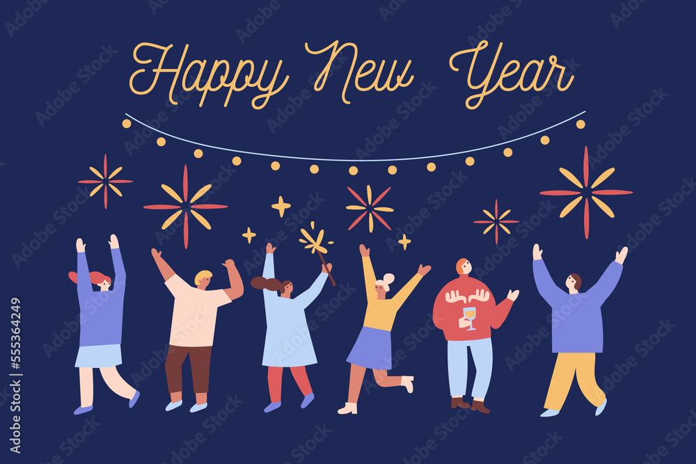 Wall mural people celebrate winter holidays flat illustration. happy new year, christmas.