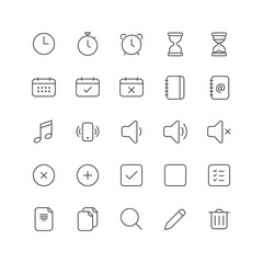 Outline icon collection for ui. Vector thin line illustration set. Task management, schedule, media player and document symbol isolated on white background. Design element