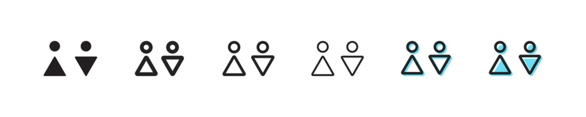 Information signs with men and women set icon. Toilet, water closet, man, woman, disabled person, wheelchair, shared, signboard. Public place concept. Six vector line icon in different styles