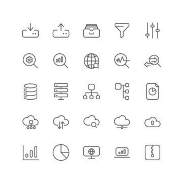 Outline icon collection for ui. Vector thin line illustration set. Network data, cloud service and security, data analytics symbol isolated on white background. Design element