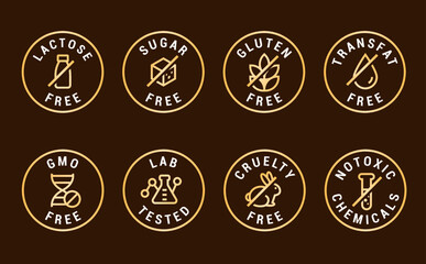 Obraz premium Lactose free, Sugar free, Gluten free, GMO and Allergen free icons set vector illustration for labels, seals, badges, food packaging and promotional designs.