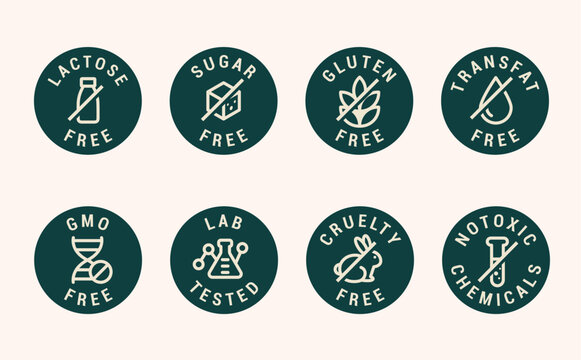 Lactose free, Sugar free, Gluten free, GMO and Allergen free icons set vector illustration for labels, seals, badges, food packaging and promotional designs.