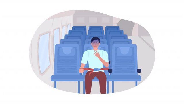 Animated isolated panic in airplane. Looped flat 2D character HD video footage. Scared passenger colorful animation on white background with alpha channel transparency for website, social media