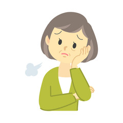 イラスト素材：シニア女性が法杖をついて考え込み悩む姿（透過背景）
