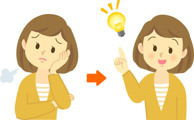 イラスト素材：若い女性が悩み考え込む姿から名案が浮かんだ姿までのセット（透過背景）
