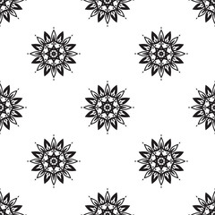 Mandala drawing Black and white Seamless Pattern. Hand Drawn Ethnic Texture. Vector Illustration in Monochrome tones.
