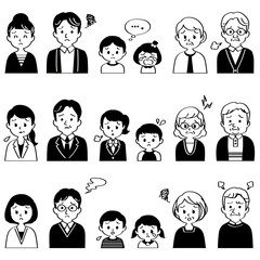 イラスト素材セット：悩み事のある表情で正面を向いた3組の3世代家族（バストアップ/白黒主線あり）（透過背景）

