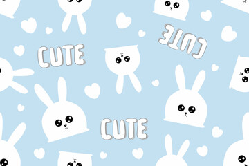 Seamless pattern with cute white bunnies on a light blue background with text and hearts. Vector background for children.