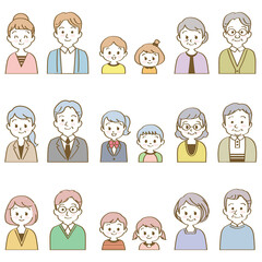 イラスト素材セット：笑顔で正面を向いた3組の3世代家族（バストアップ/手描き風主線あり）（透過背景）
