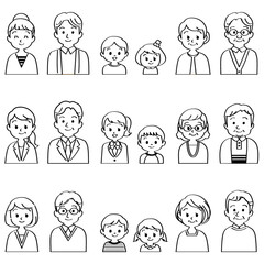 イラスト素材セット：笑顔で正面を向いた3組の3世代家族（バストアップ/線画/主線あり/白黒）（透過背景）

