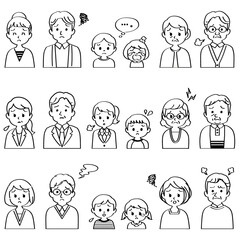 イラスト素材セット：悩み事のある表情で正面を向いた3組の3世代家族（上半身/線画/主線あり/白黒）（透過背景）
