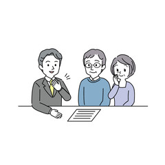 イラスト素材:中古住宅やマンションのご売却手続きは当社にお任せください（スーツの男性/主線あり）（透過背景）
