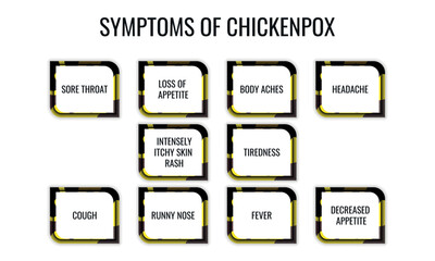 symptoms of Chickenpox. Vector illustration for medical journal or brochure.