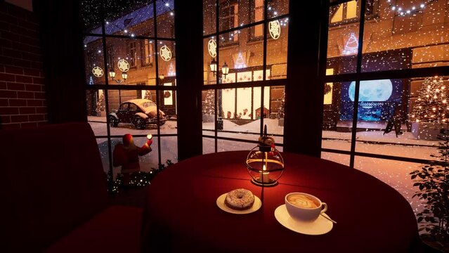 A cozy cafe overlooking the evening winter street with falling snow on the eve of Christmas and New Year holidays.